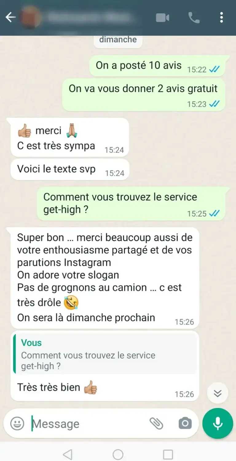 Capture d'écran d'un client satisfait du service Avis Market